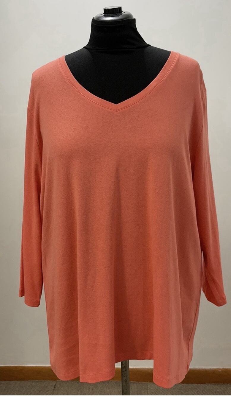 St Johns Bay Womens 3X Essential Tee Coral V Neck 3/4 Sleeve 100% Cotton